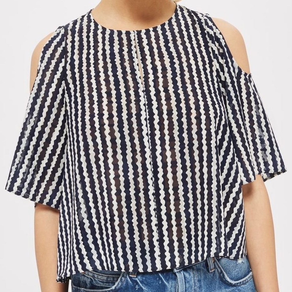 Topshop women 8 Daffy stripe keyhole top cold shoulder short sleeve blouse sheer